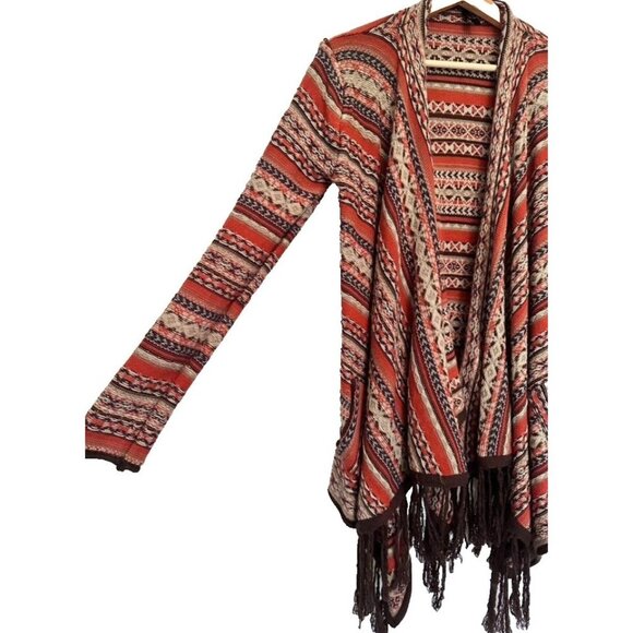 ELAN Open Front Cardigan Boho‎ Sweater Fair Isle Knit Long Sleeve Fringe Size S - Picture 6 of 10